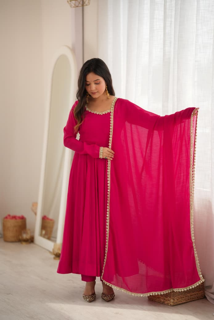 Premium Pure Mal Chanderi Fully Flare Anarkali Set with Dupatta