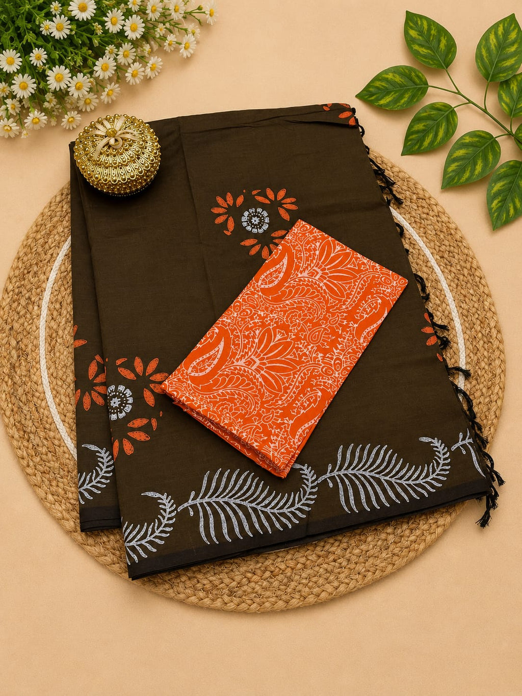 South Cotton Mix Block Printed Saree with Blouse
