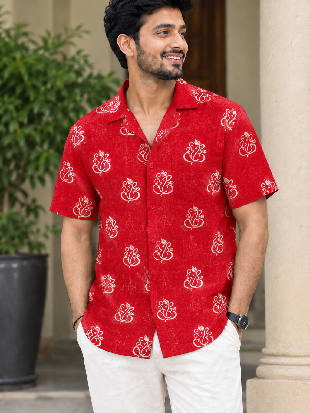 Men's Cotton Ganpati Print Short Kurta (Half Sleeves)