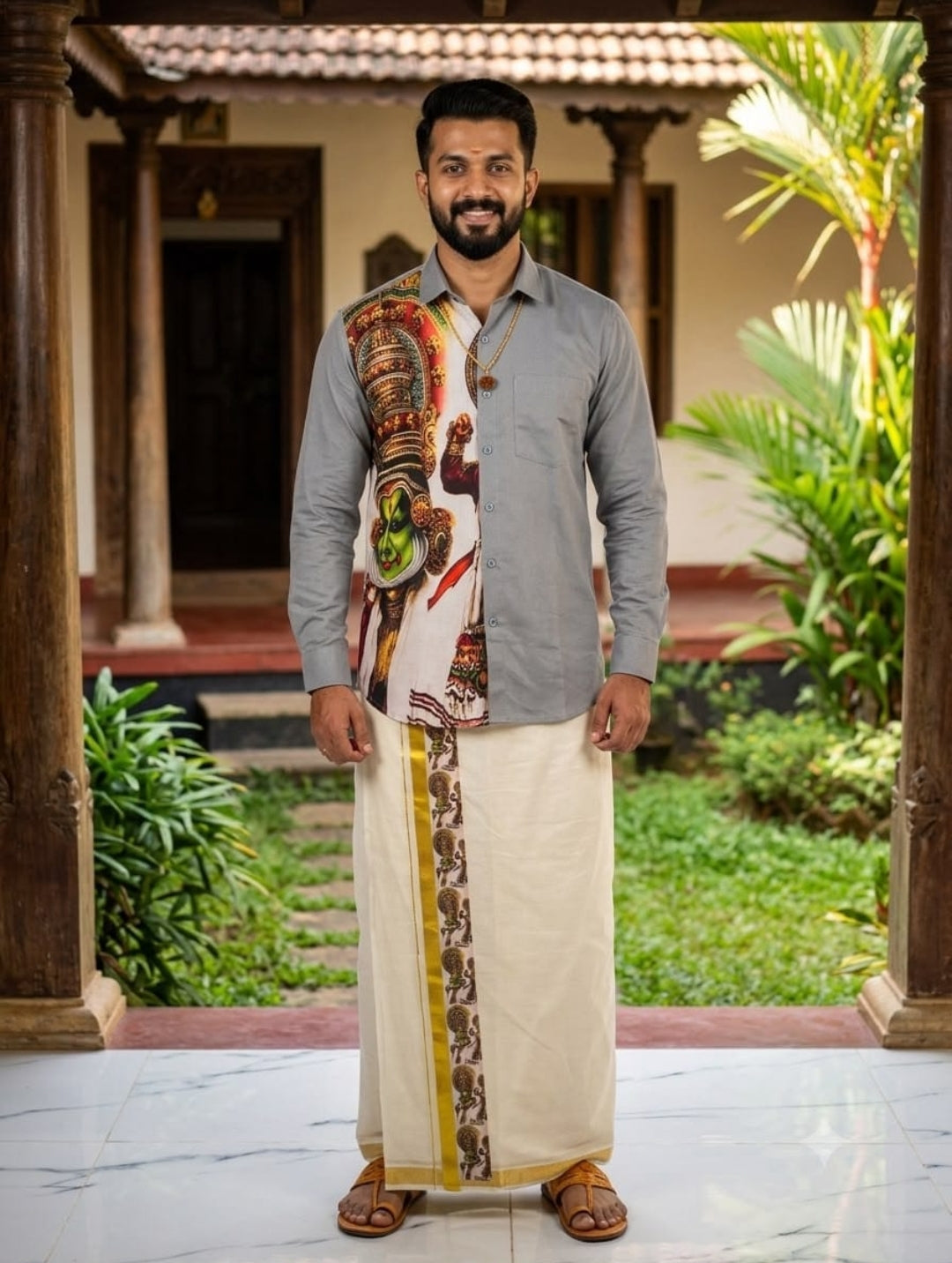 Kerala Kathakali Print Premium Shirt & Kasavu Mundu Combo