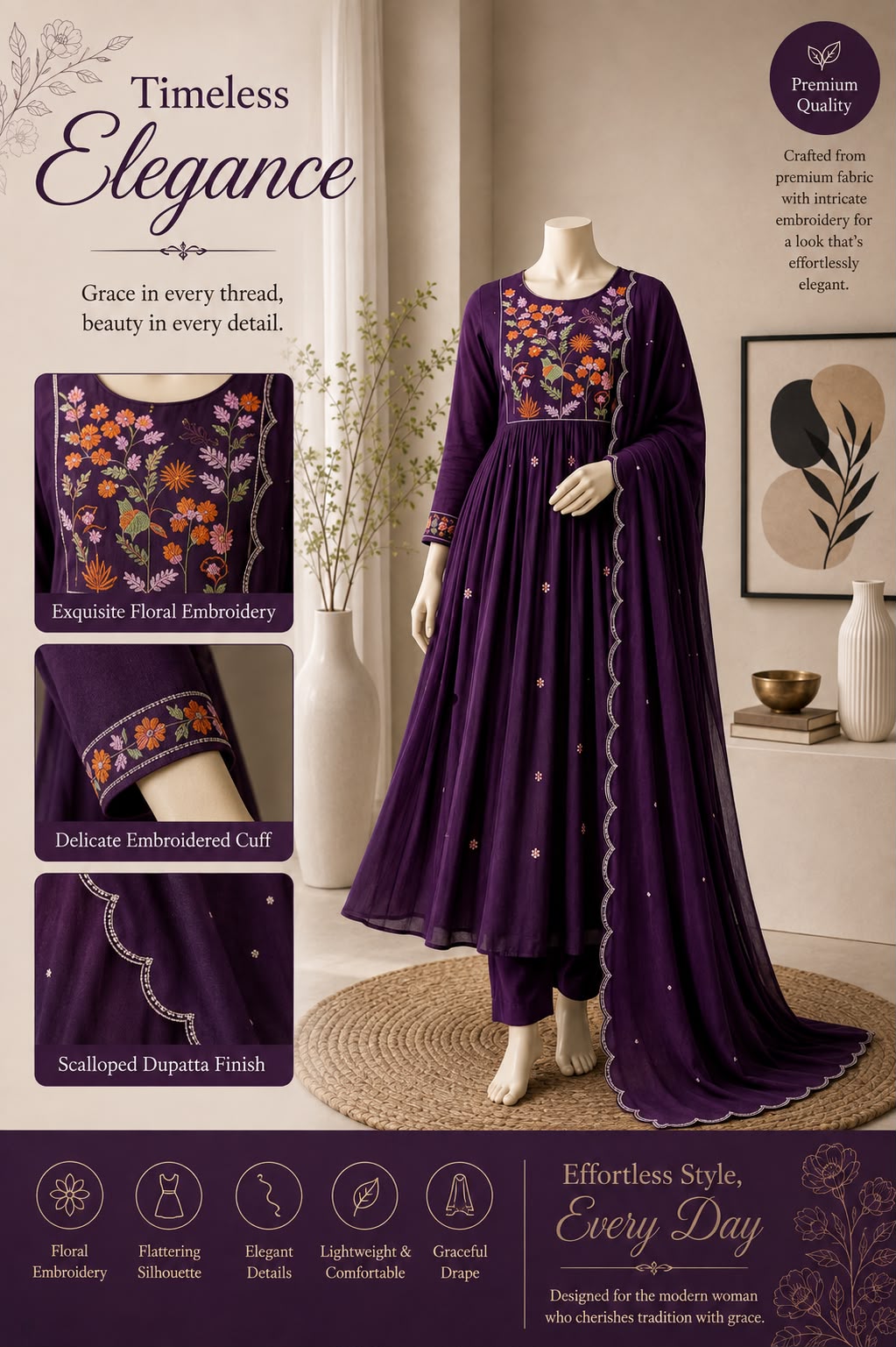 Drishti Premium Mul Chanderi Embroidered Kurta Set with Dupatta