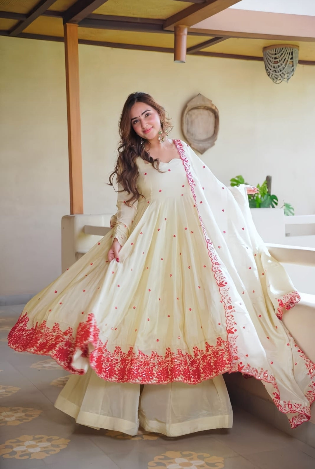 Elegant Diamond Silk Embroidered Gown Set with Palazzo & Dupatta