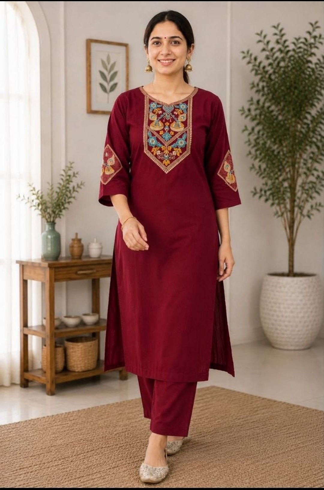 Monsoon Special Embroidered Slub Cotton Kurti & Bottom Set for Women