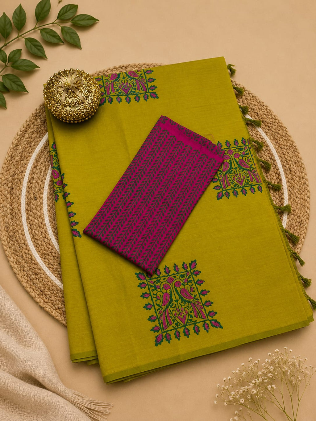 South Cotton Mix Block Printed Saree with Blouse