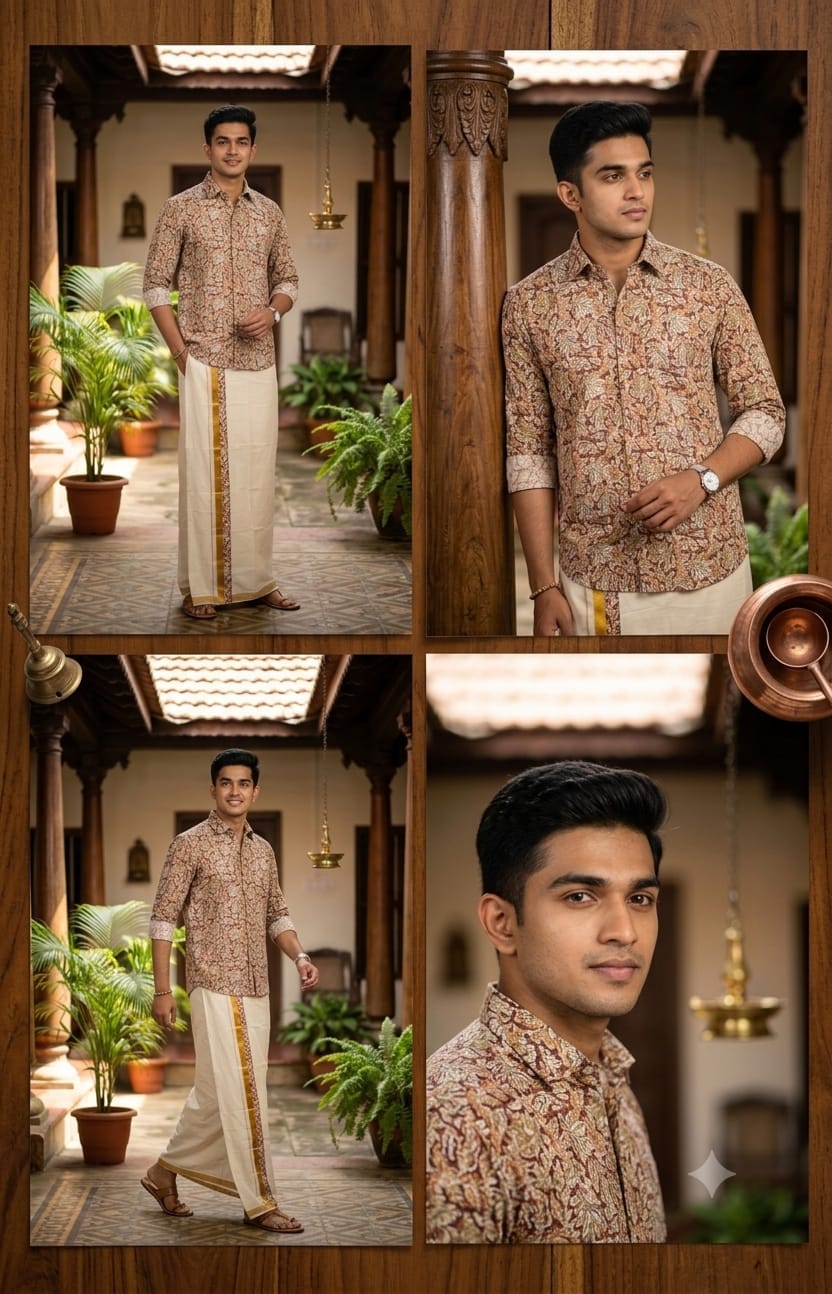 Kerala Traditional Printed Shirt & Mundu Set