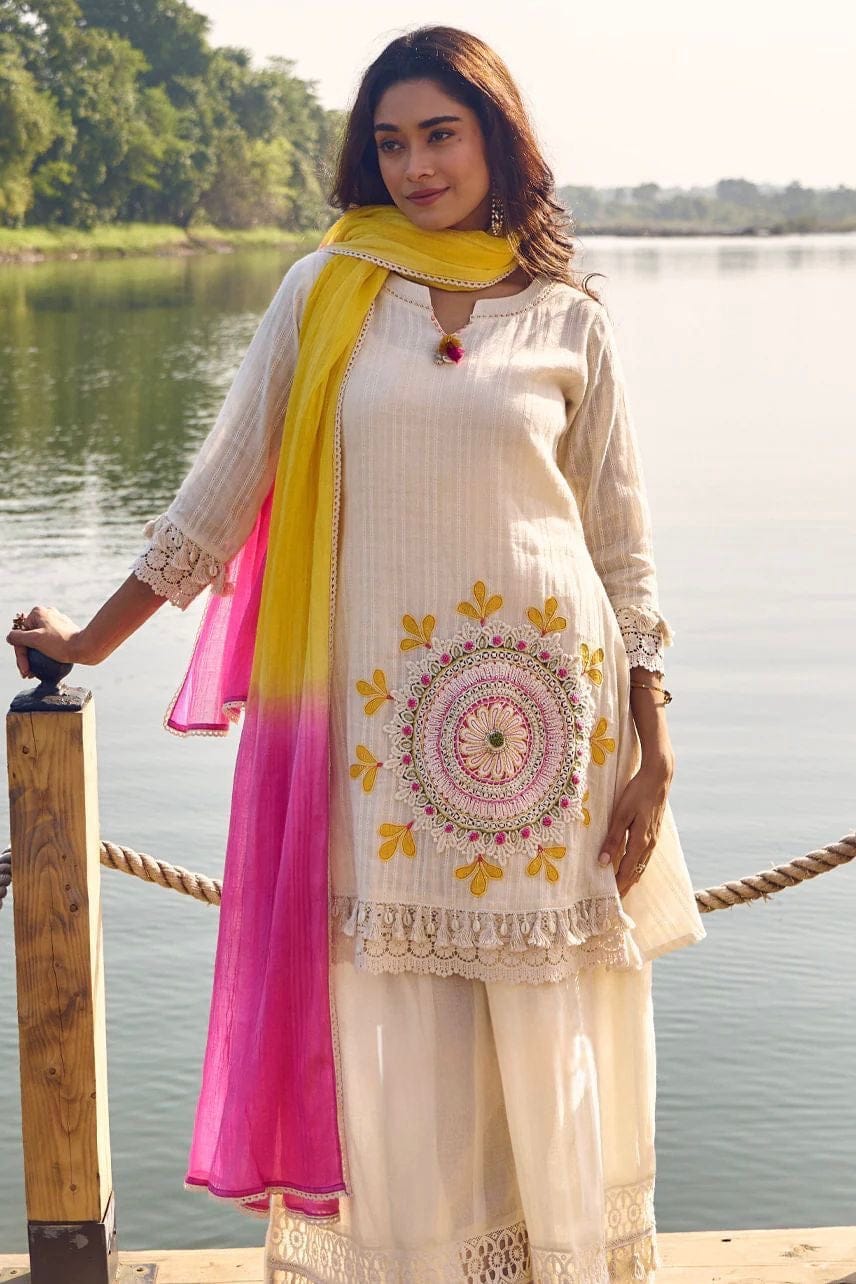 Pure Cotton Schiffli & Lino Suit Set with Tie-Dye Lahariya Dupatta – Off White & Floral