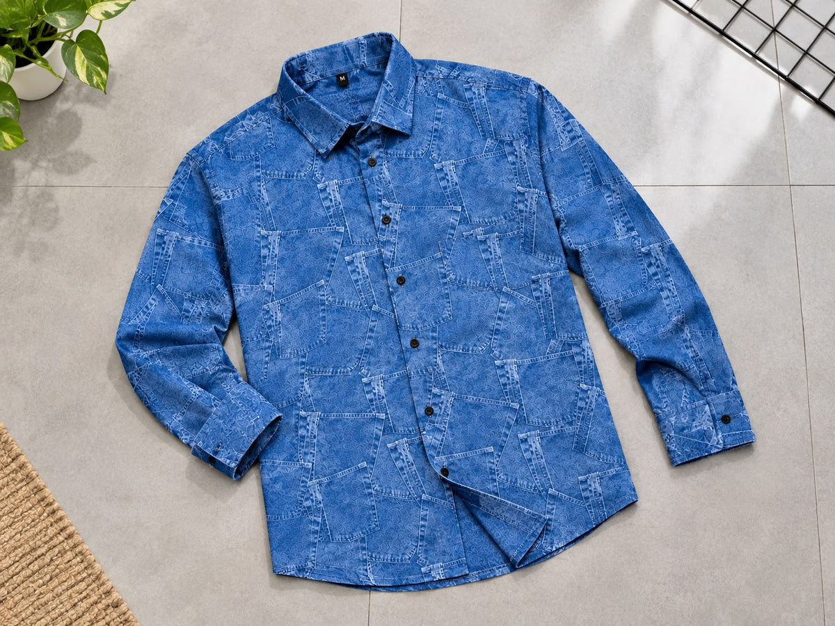 Premium Designer Patchwork Denim Print Cotton Shirt - Full Sleeve
