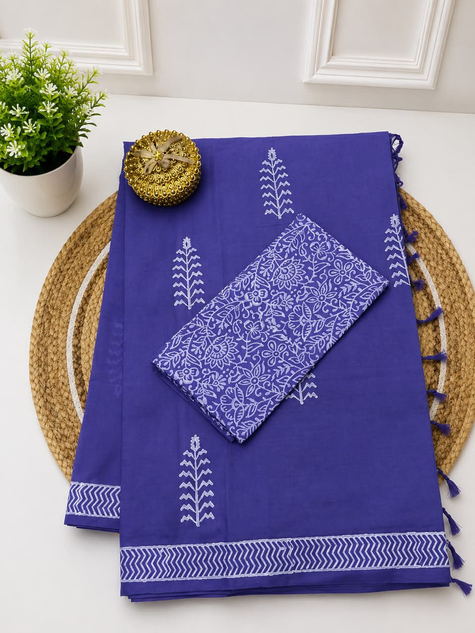 South Cotton Mix Block Printed Saree with Blouse