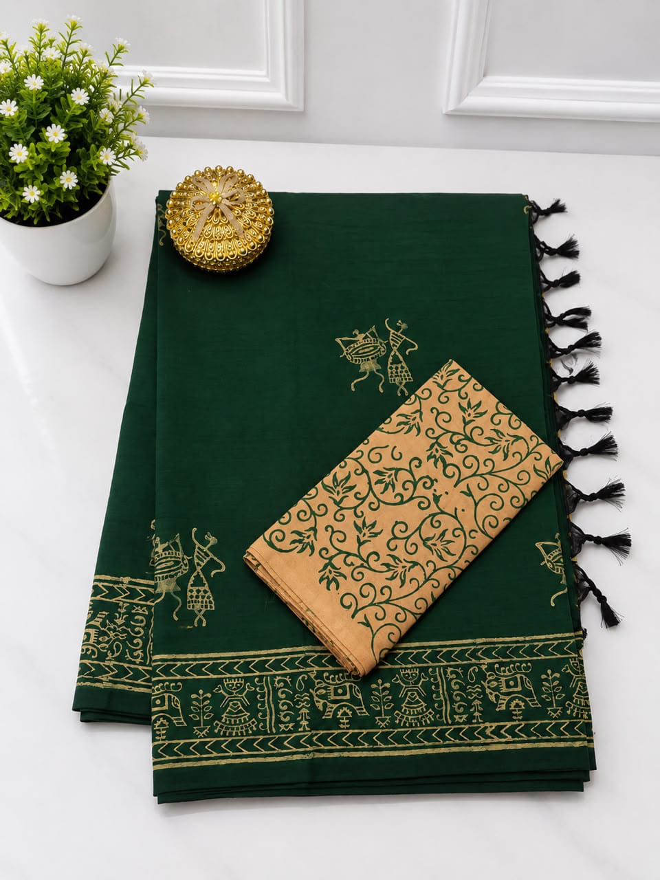 South Cotton Mix Block Printed Saree with Blouse