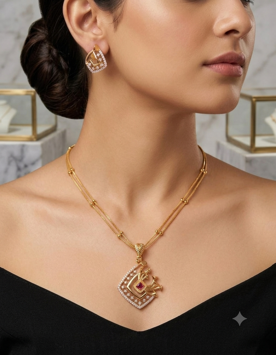 Golden Diamond Look Pendant Set with Earrings | Guvaa Mart