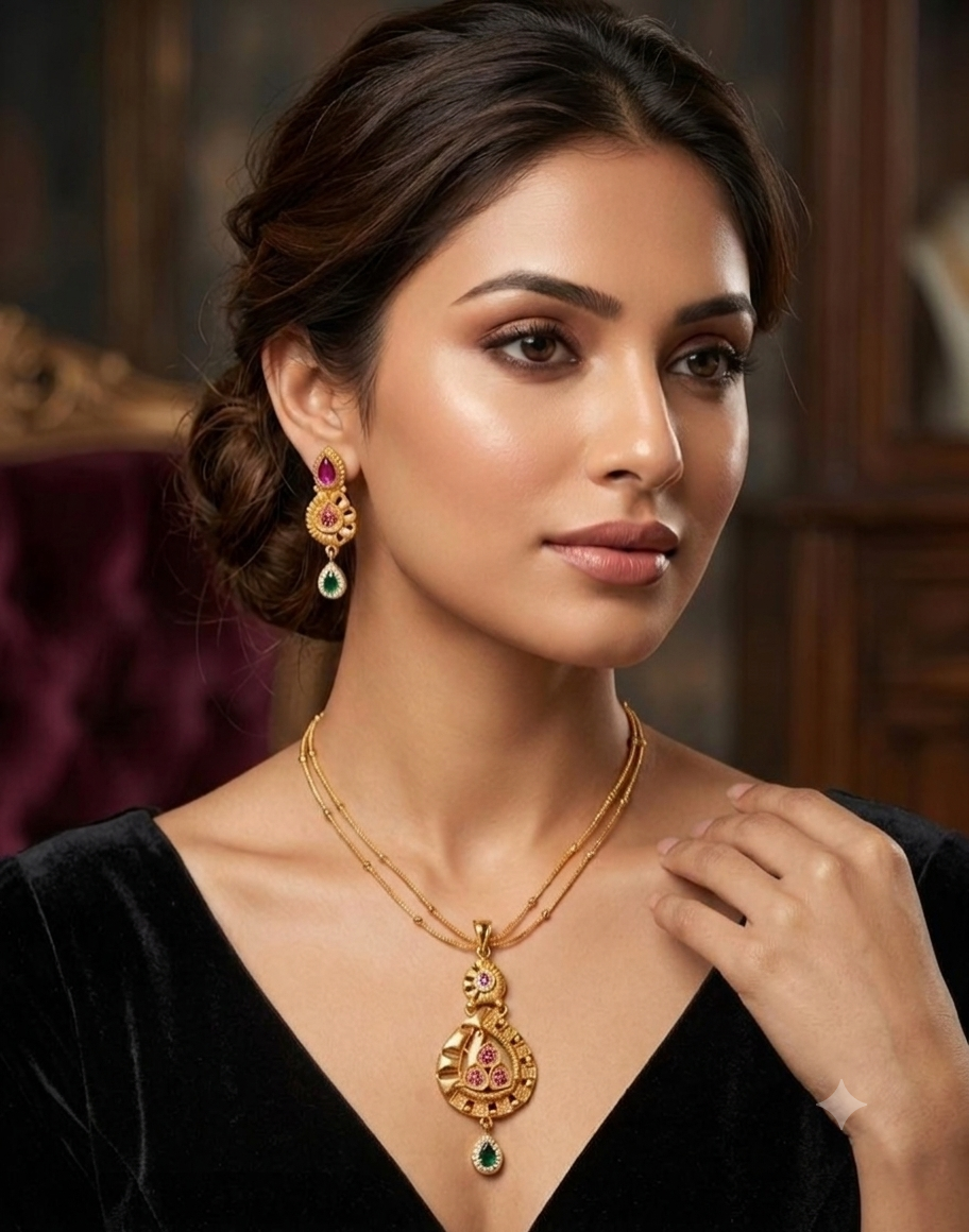 Golden Diamond Look Pendant Set with Earrings | Guvaa Mart