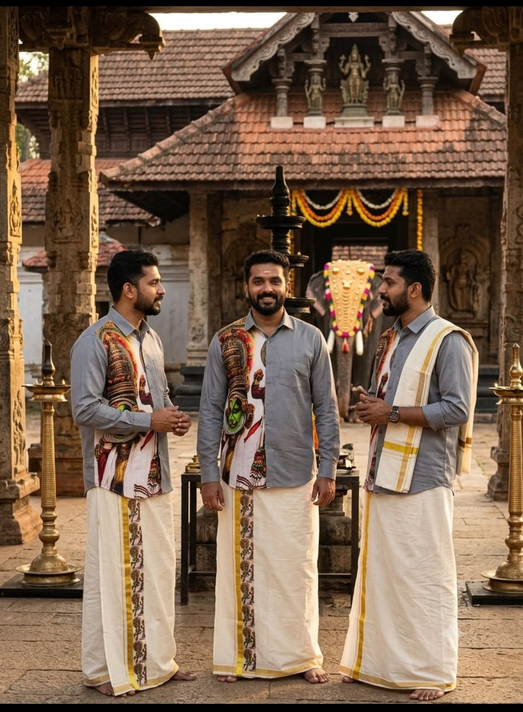 Kerala Kathakali Print Premium Shirt & Kasavu Mundu Combo