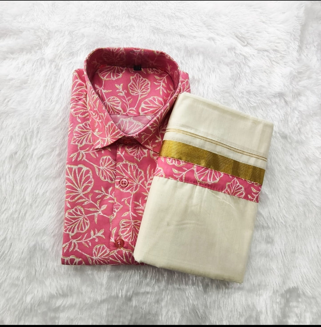 Premium Kerala Traditional Printed Shirt & Kasavu Mundu Combo