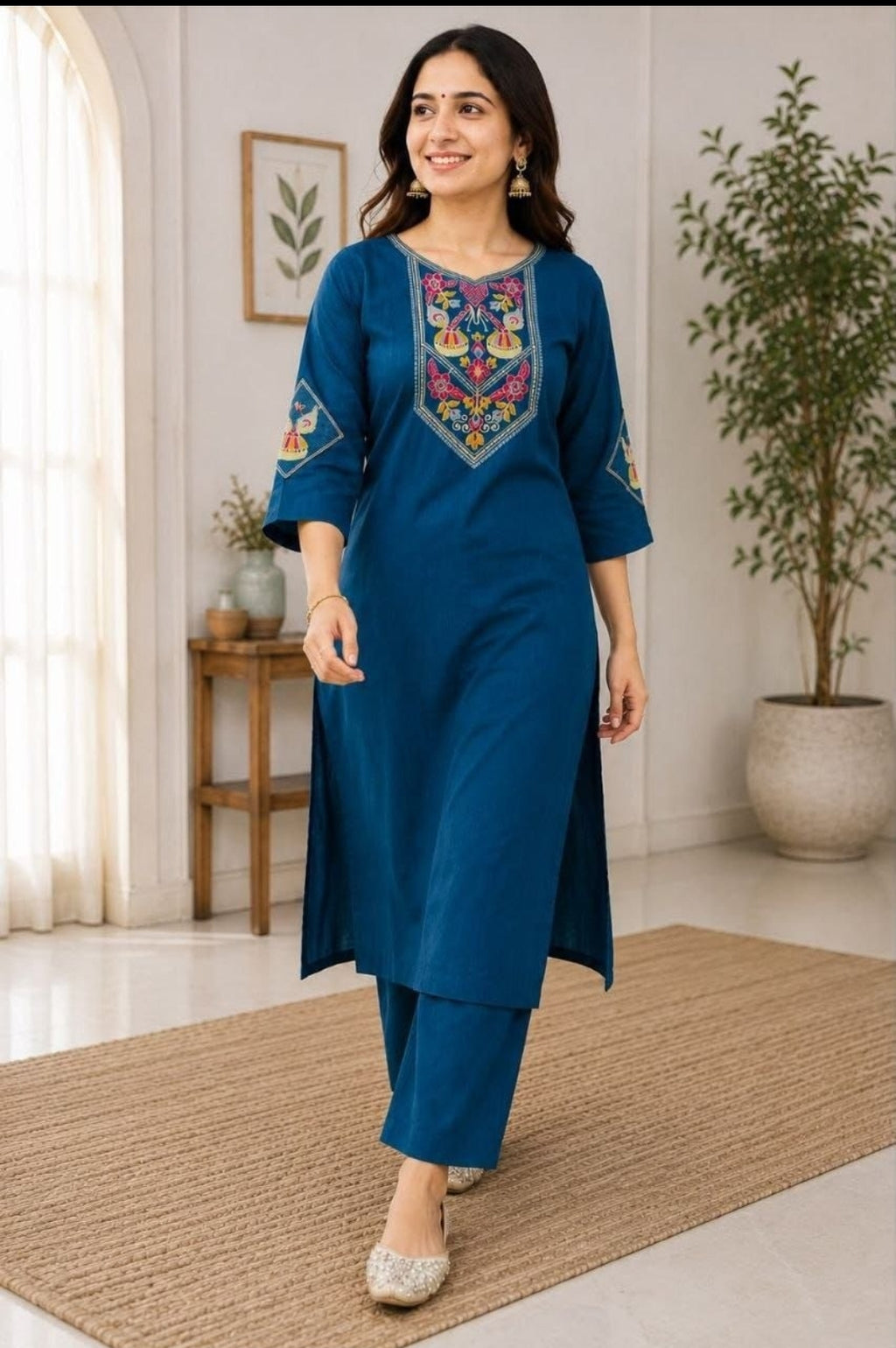 Monsoon Special Embroidered Slub Cotton Kurti & Bottom Set for Women