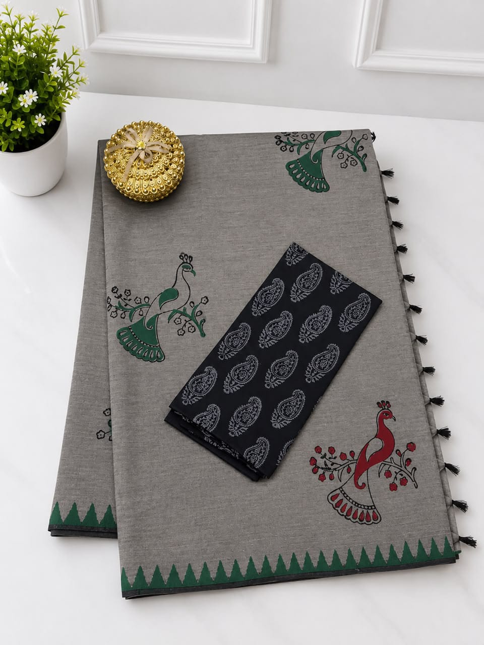 South Cotton Mix Block Printed Saree with Blouse