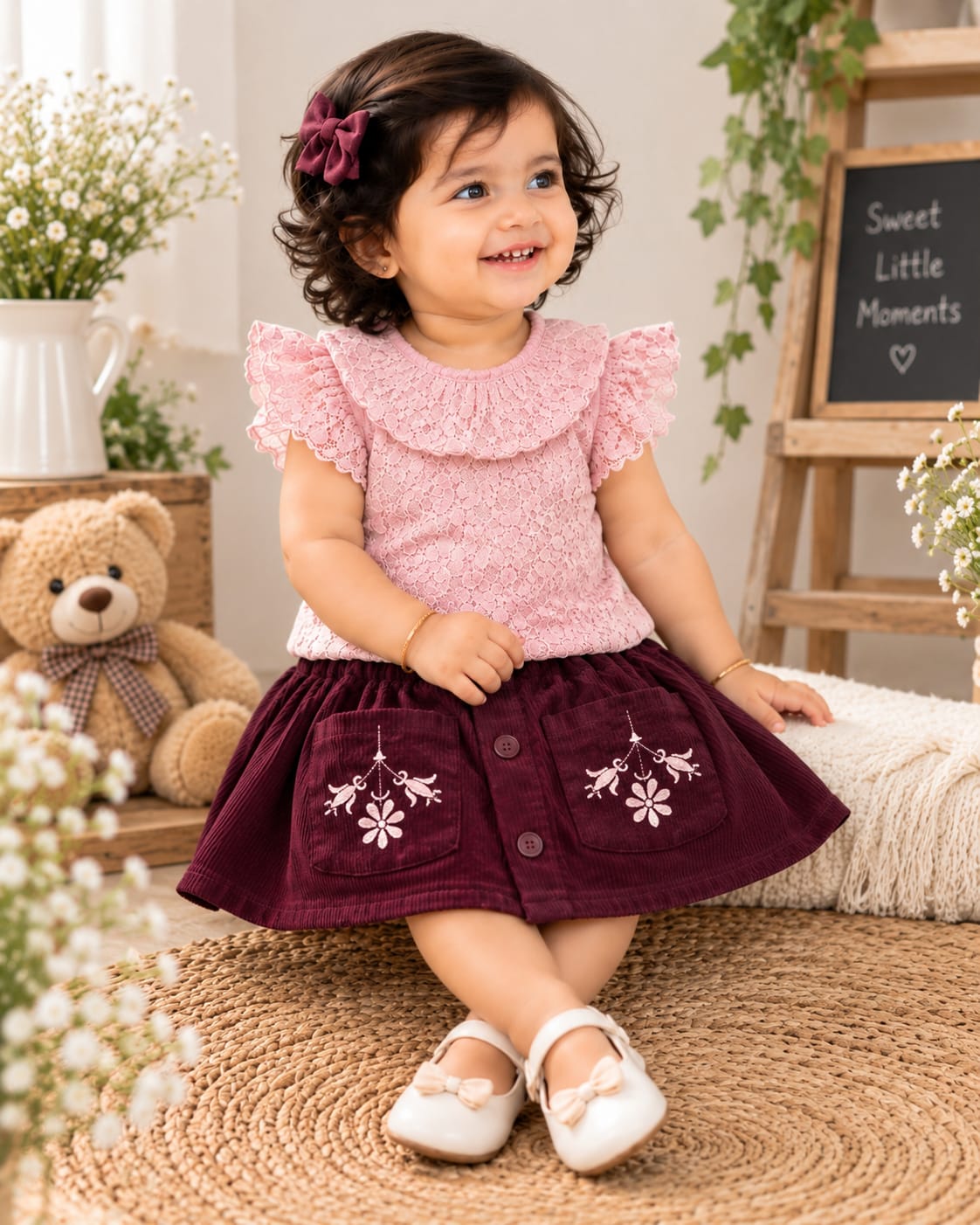Corduroy Skirt & Floral Lace Top Set