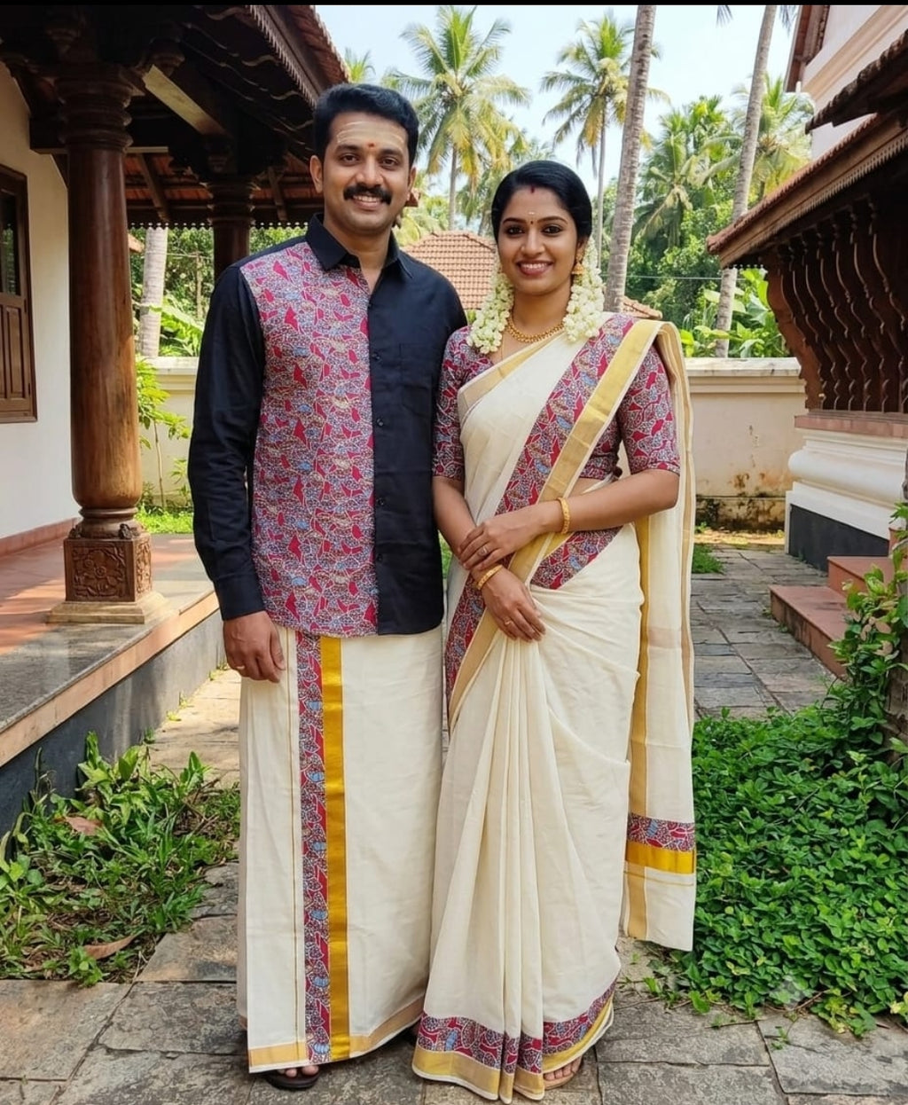 Kerala Couple Traditional Wear Combo – Matching Shirt, Mundu & Saree Set