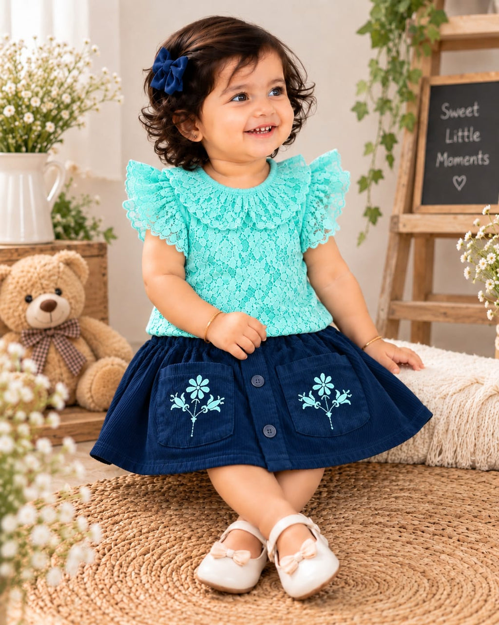 Corduroy Skirt & Floral Lace Top Set