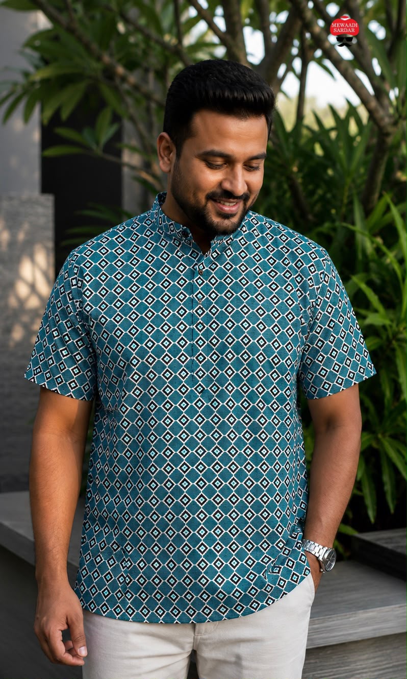 Men's Printed Cotton Short Kurta (Half Sleeves