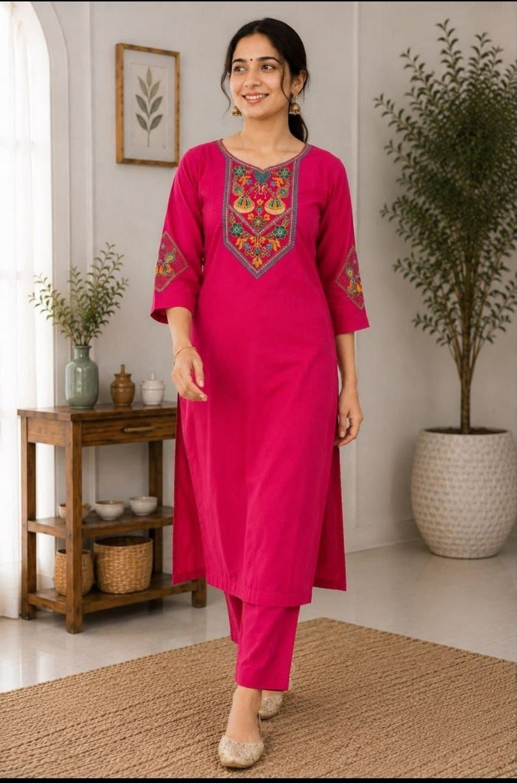 Monsoon Special Embroidered Slub Cotton Kurti & Bottom Set for Women