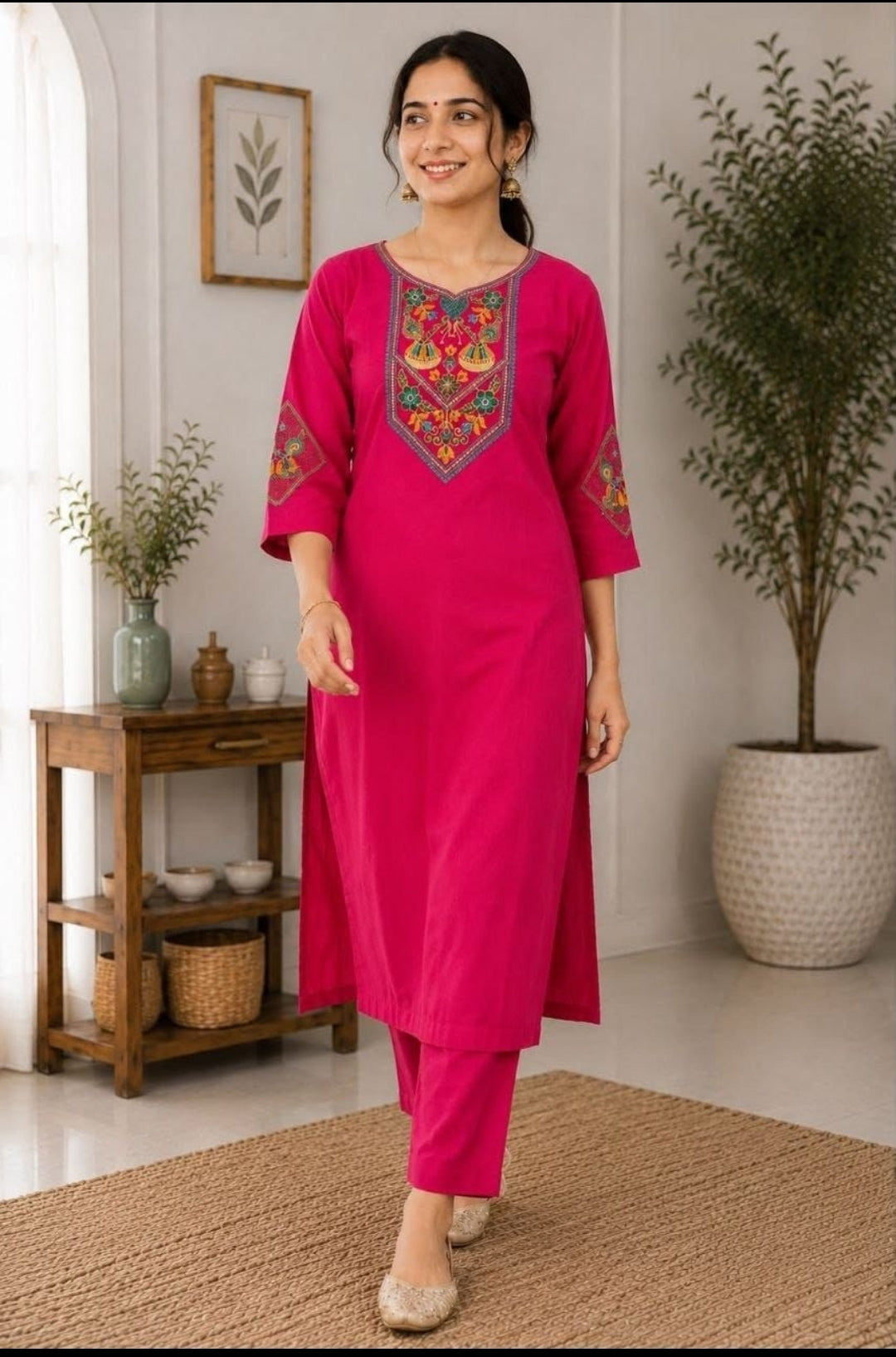 Monsoon Special Embroidered Slub Cotton Kurti & Bottom Set for Women