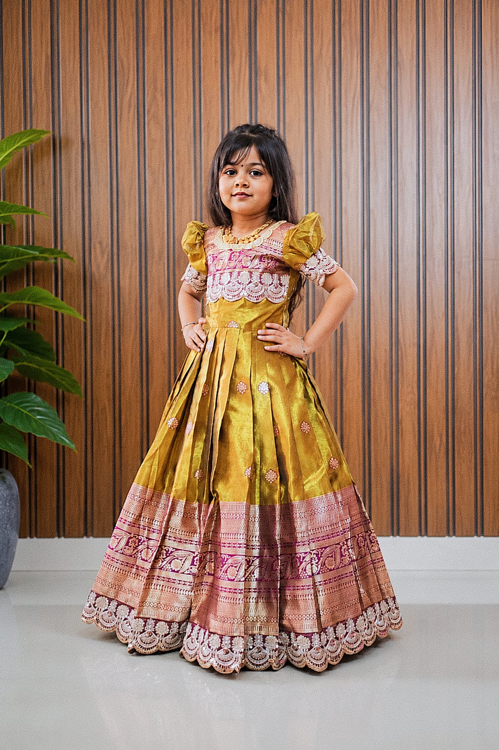 Kids Heavy Shimmer Silk Gown with Zari Weaving & Embroidery