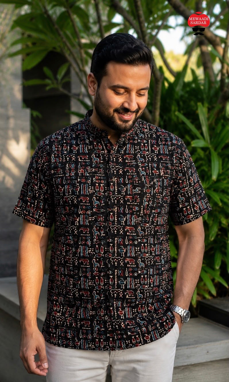 Men's Printed Cotton Short Kurta (Half Sleeves