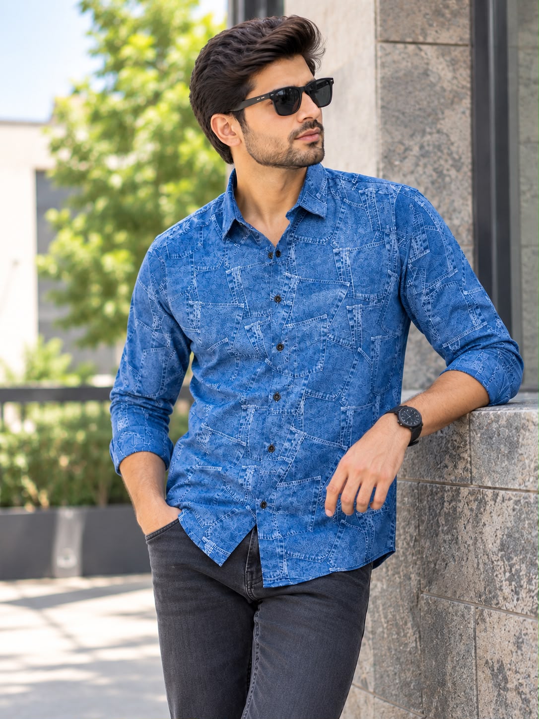 Premium Designer Patchwork Denim Print Cotton Shirt - Full Sleeve