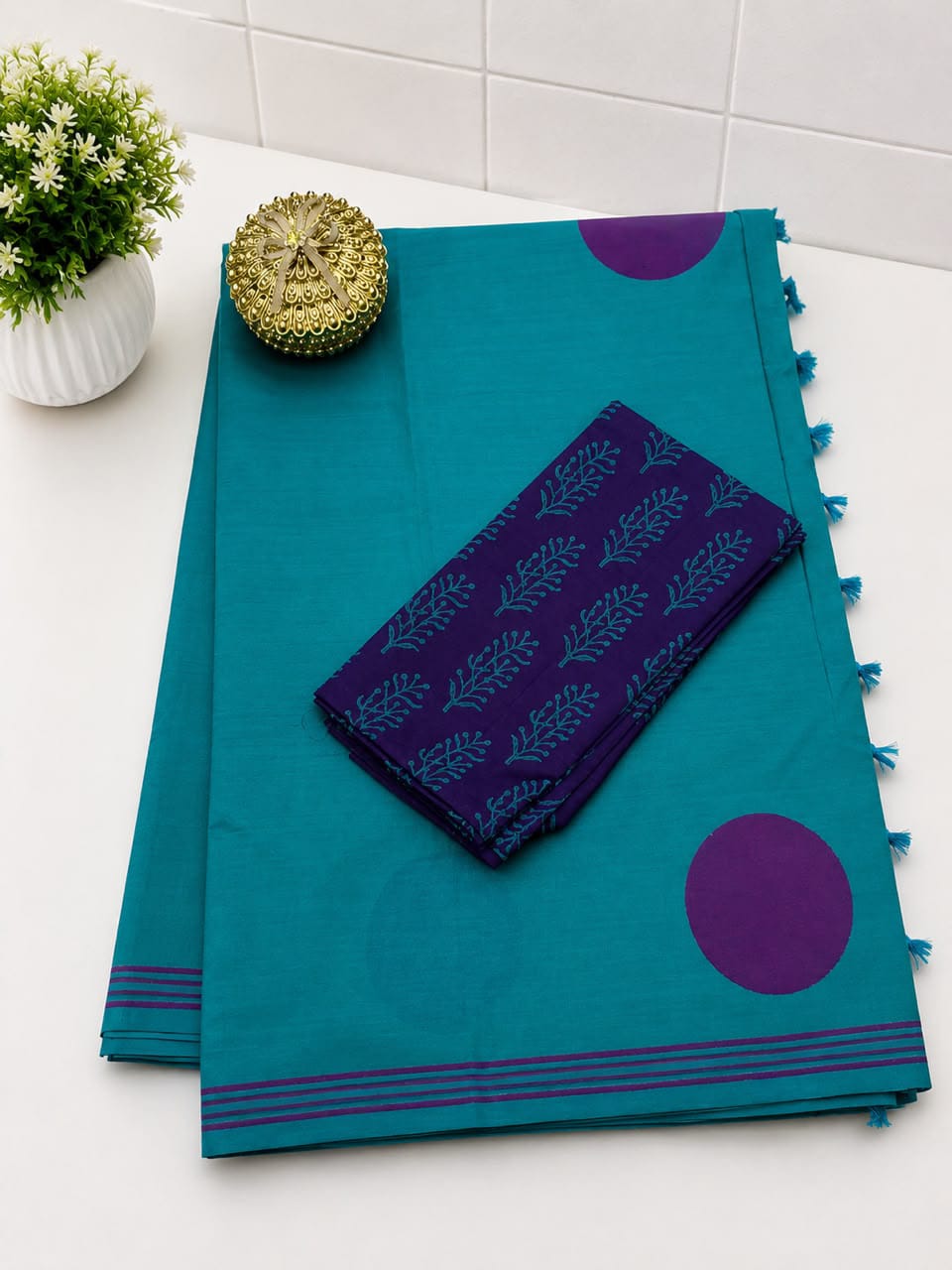 South Cotton Mix Block Printed Saree with Blouse