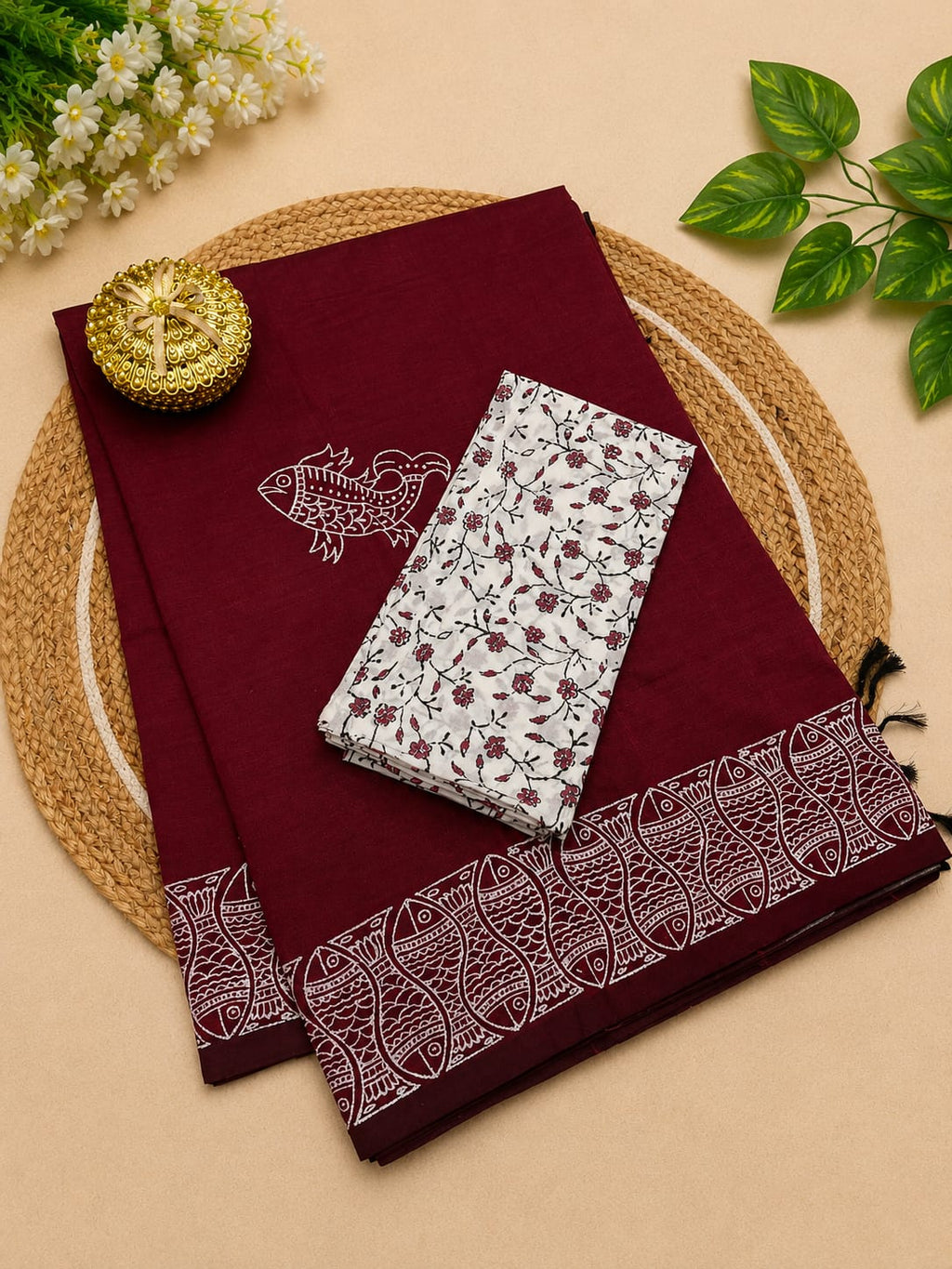 South Cotton Mix Block Printed Saree with Blouse