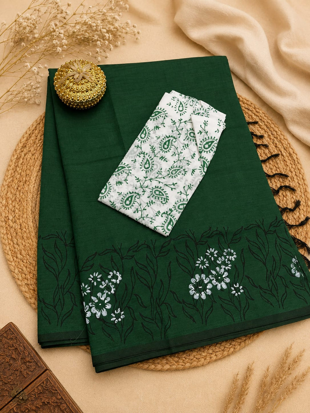 South Cotton Mix Block Printed Saree with Blouse