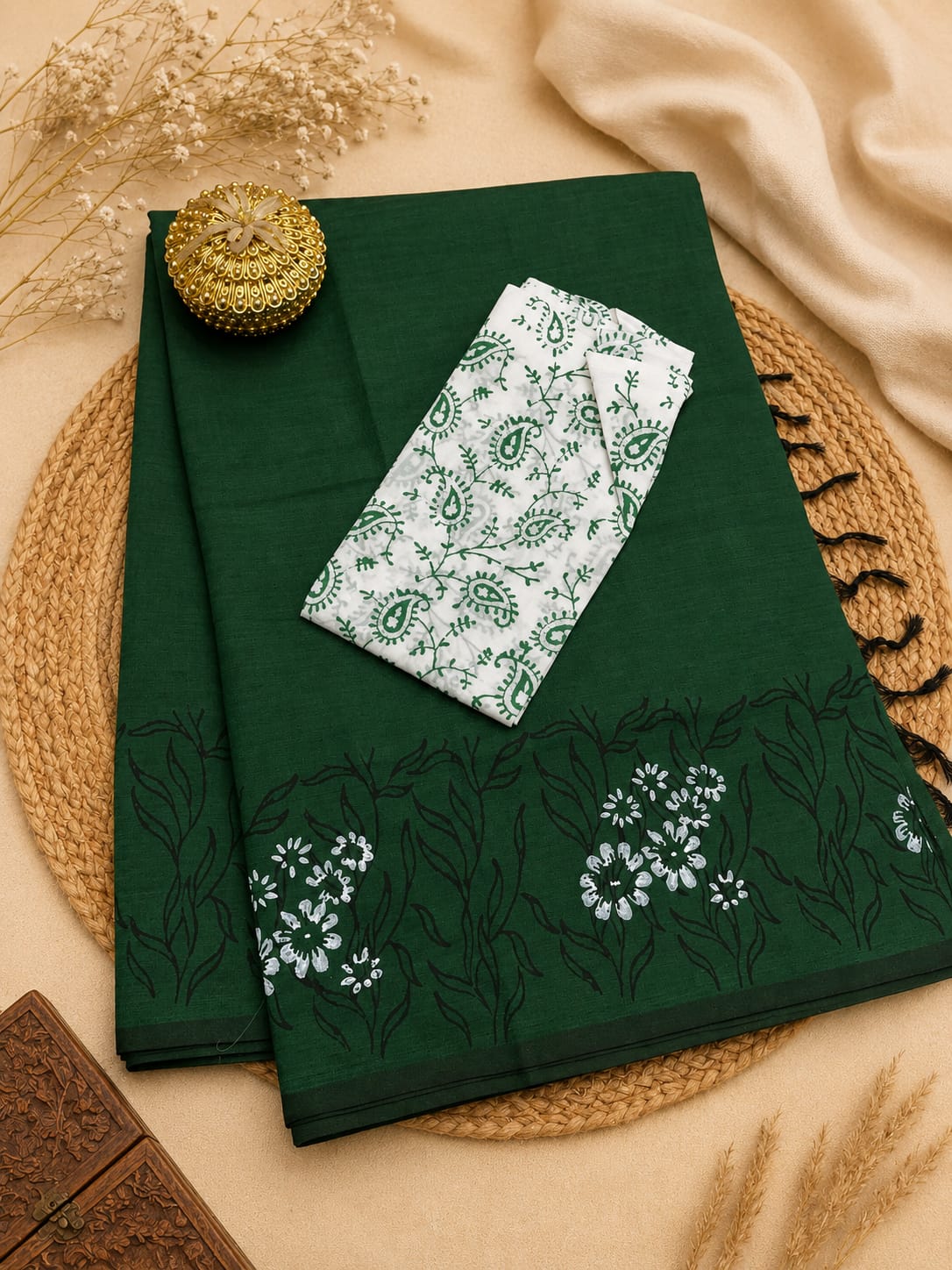 South Cotton Mix Block Printed Saree with Blouse