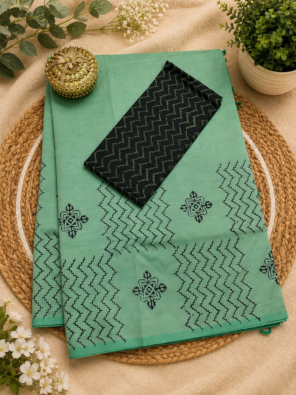 South Cotton Mix Block Printed Saree with Blouse
