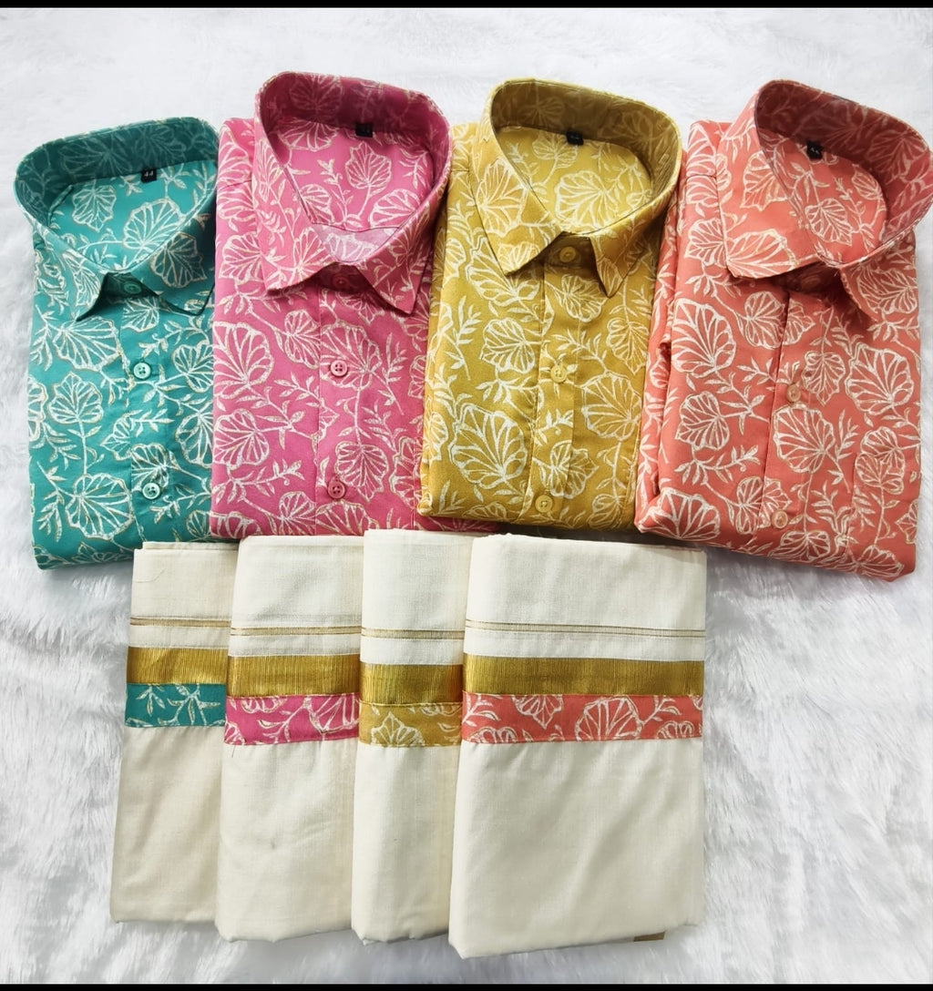 Premium Kerala Traditional Printed Shirt & Kasavu Mundu Combo