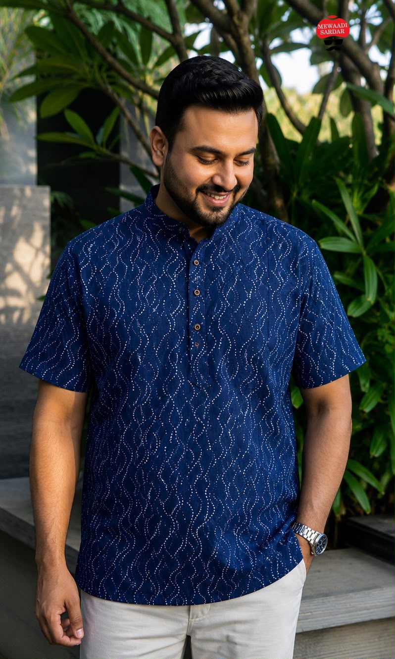 Men's Printed Cotton Short Kurta (Half Sleeves