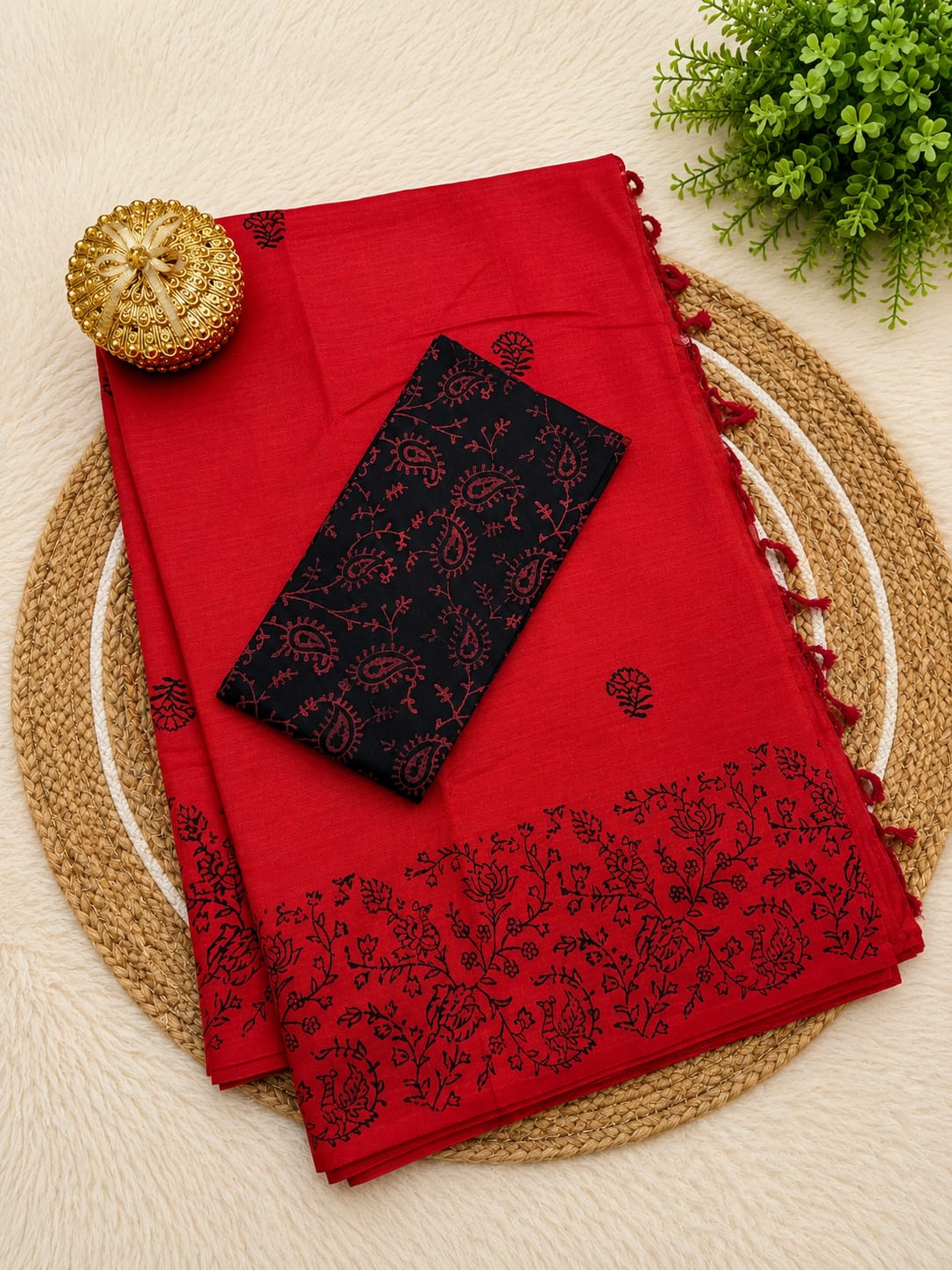South Cotton Mix Block Printed Saree with Blouse