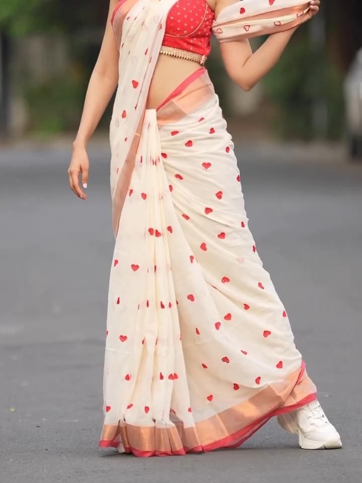 Linen Digital Print Saree with Gold Zari Border