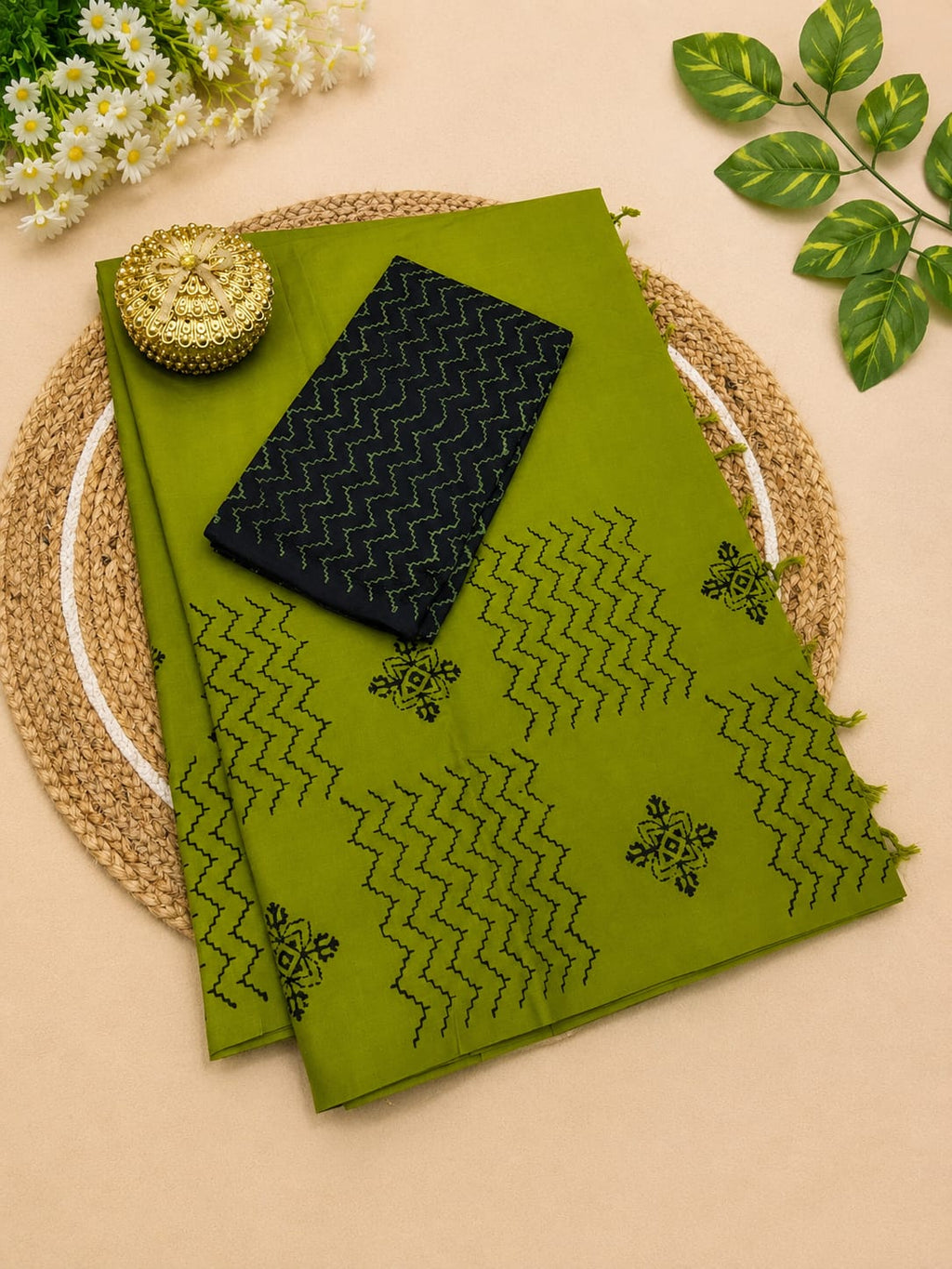 South Cotton Mix Block Printed Saree with Blouse