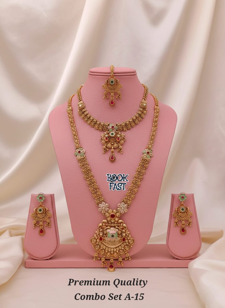 Premium Brass High Gold Antique Rajwadi Mett Combo Jewellery Set with Earrings & Mang Tikka
