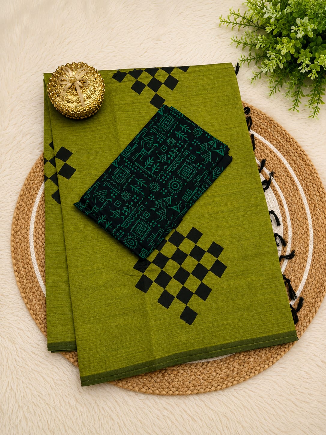 South Cotton Mix Block Printed Saree with Blouse