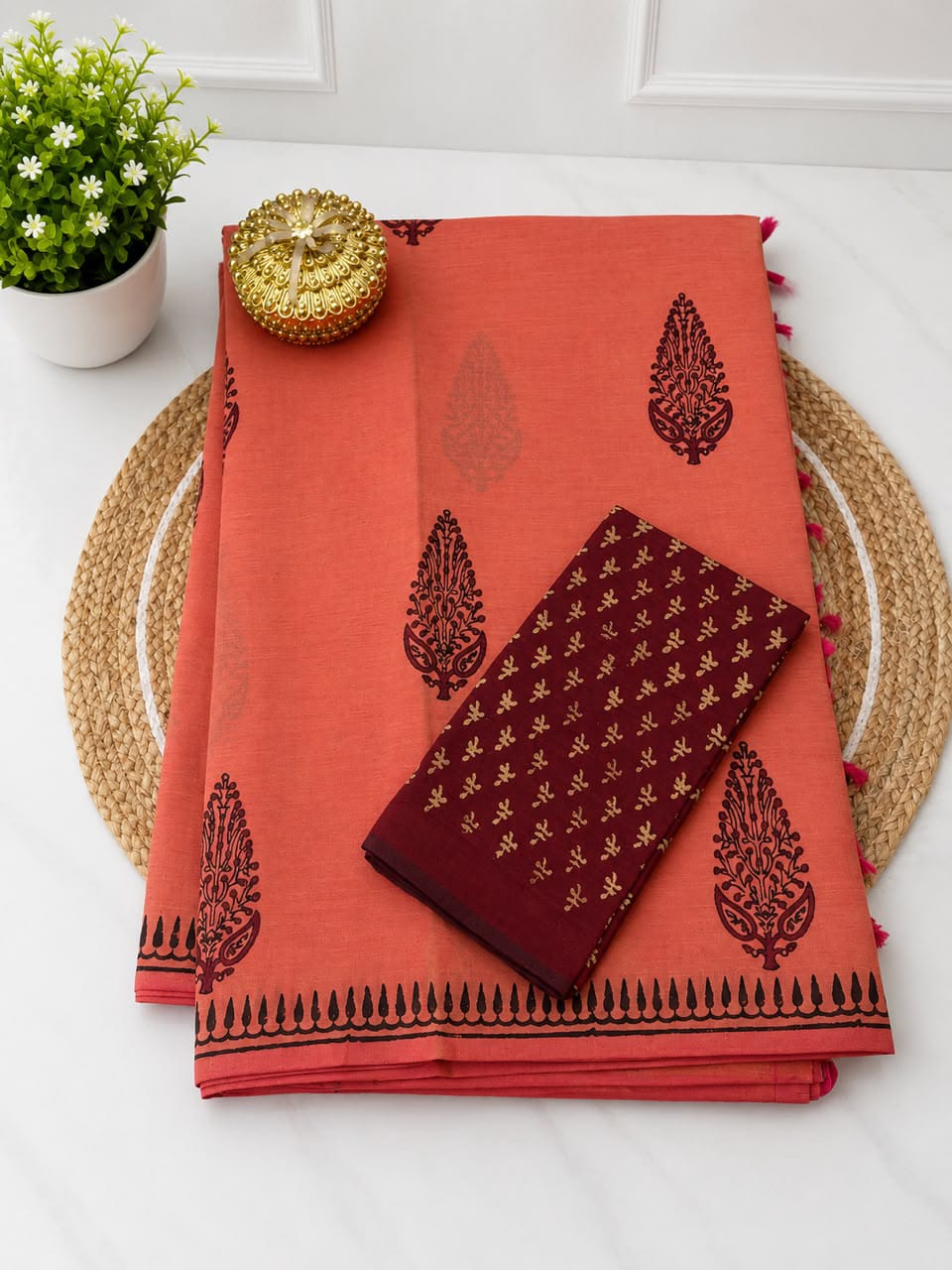 South Cotton Mix Block Printed Saree with Blouse