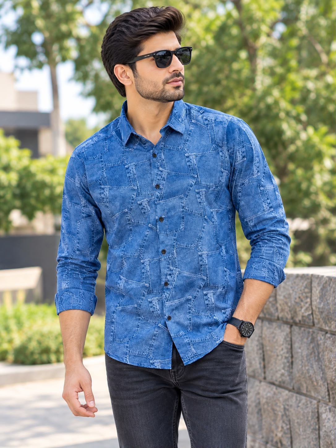 Premium Designer Patchwork Denim Print Cotton Shirt - Full Sleeve