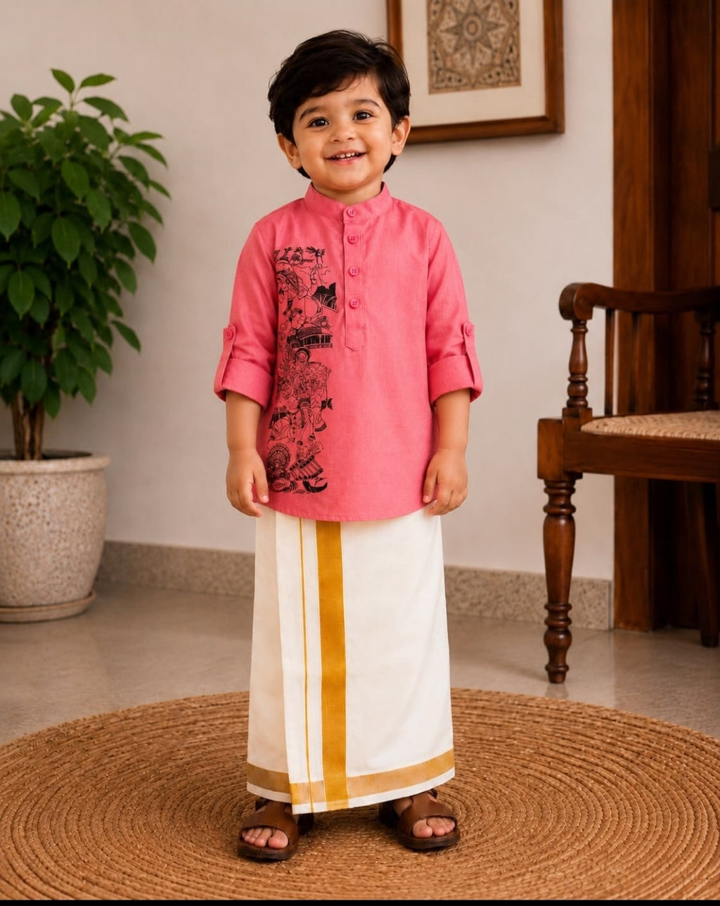 Kids  Embroidered Kurta & White Mundu Set