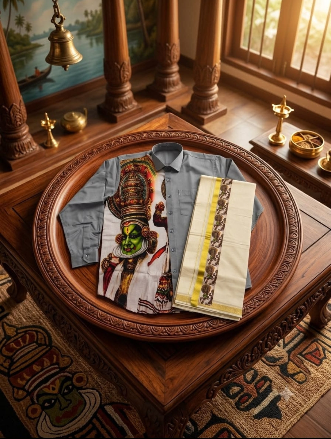 Kerala Kathakali Print Premium Shirt & Kasavu Mundu Combo