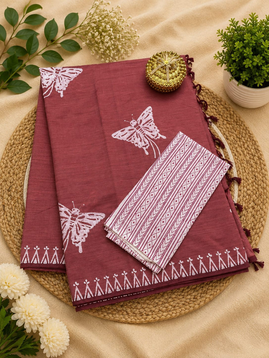 South Cotton Mix Block Printed Saree with Blouse