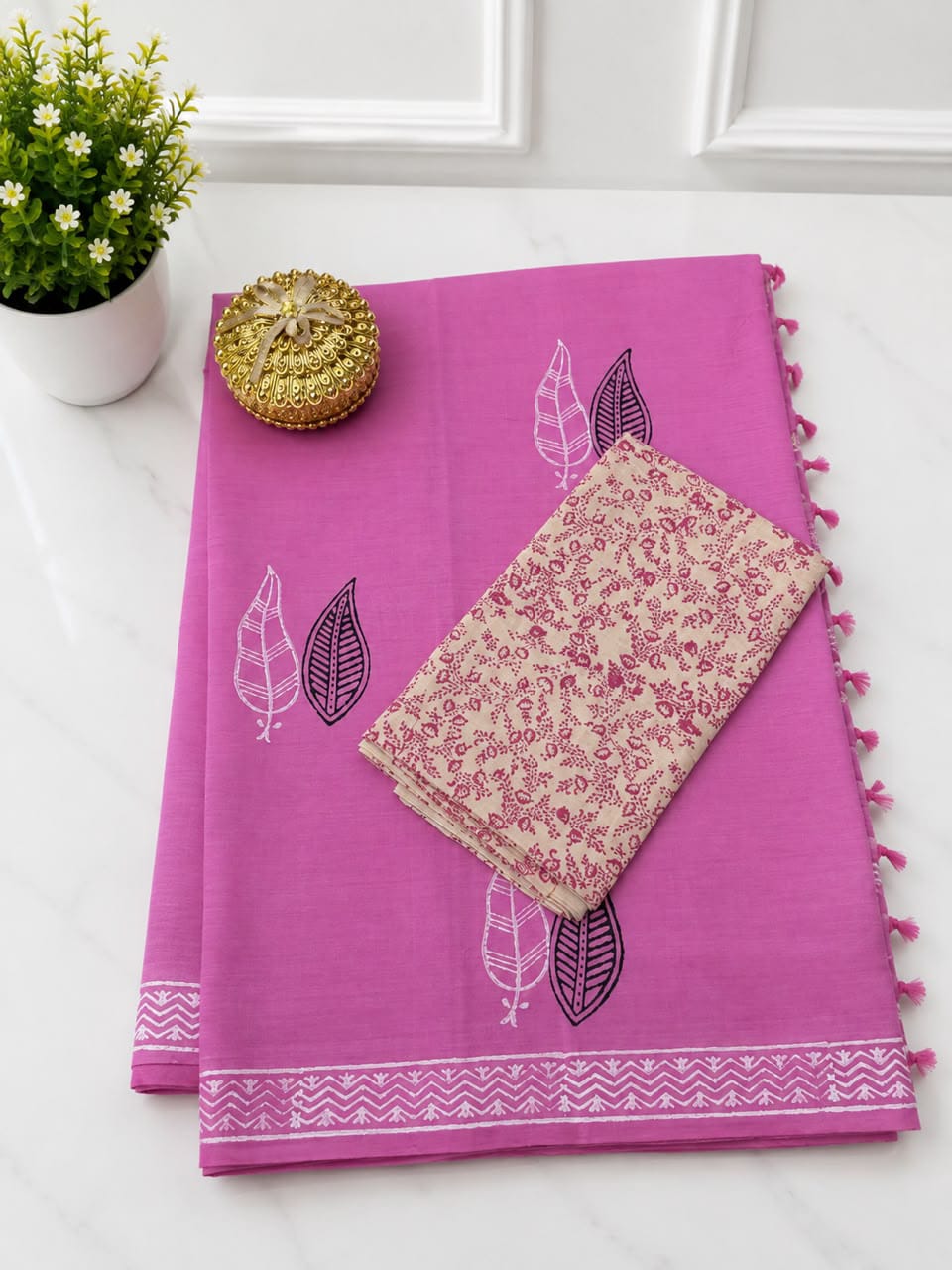 South Cotton Mix Block Printed Saree with Blouse