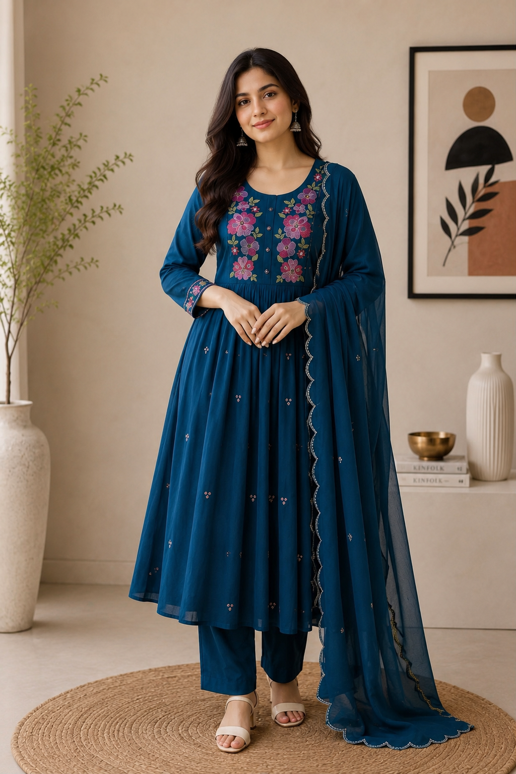 Drishti Premium Mul Chanderi Embroidered Kurta Set with Dupatta