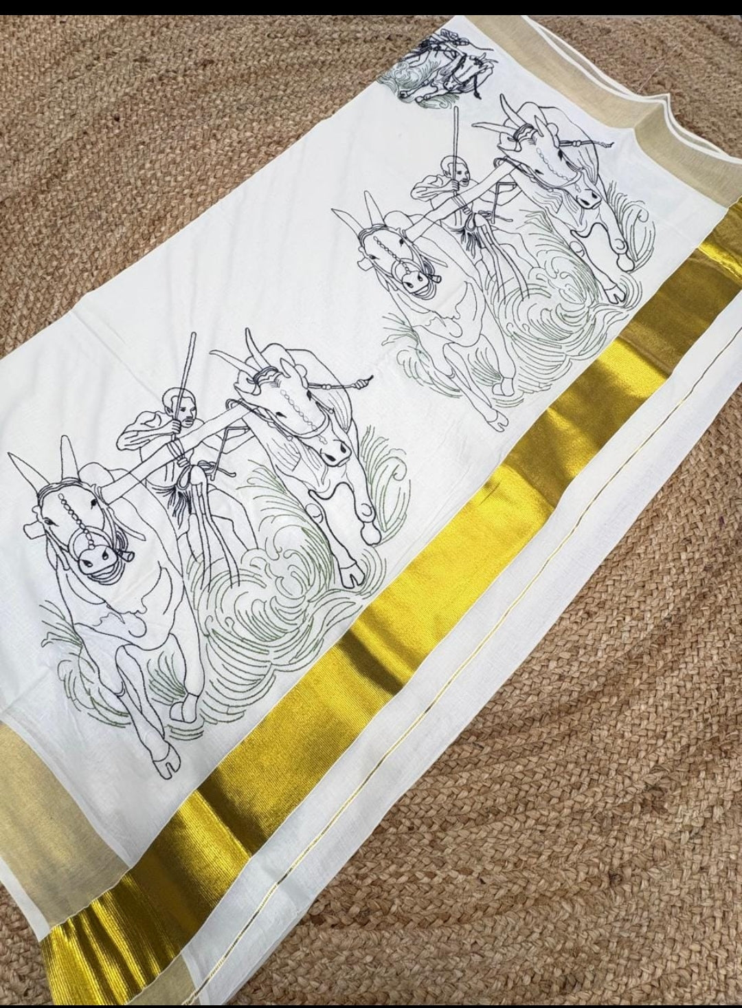 Premium Kerala Kasavu Mundu – Bull Race (Kaalapoottu) Design