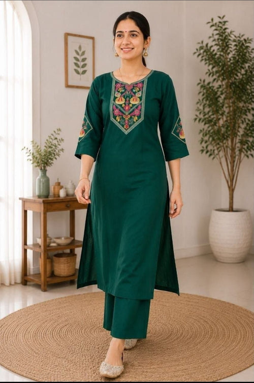 Monsoon Special Embroidered Slub Cotton Kurti & Bottom Set for Women
