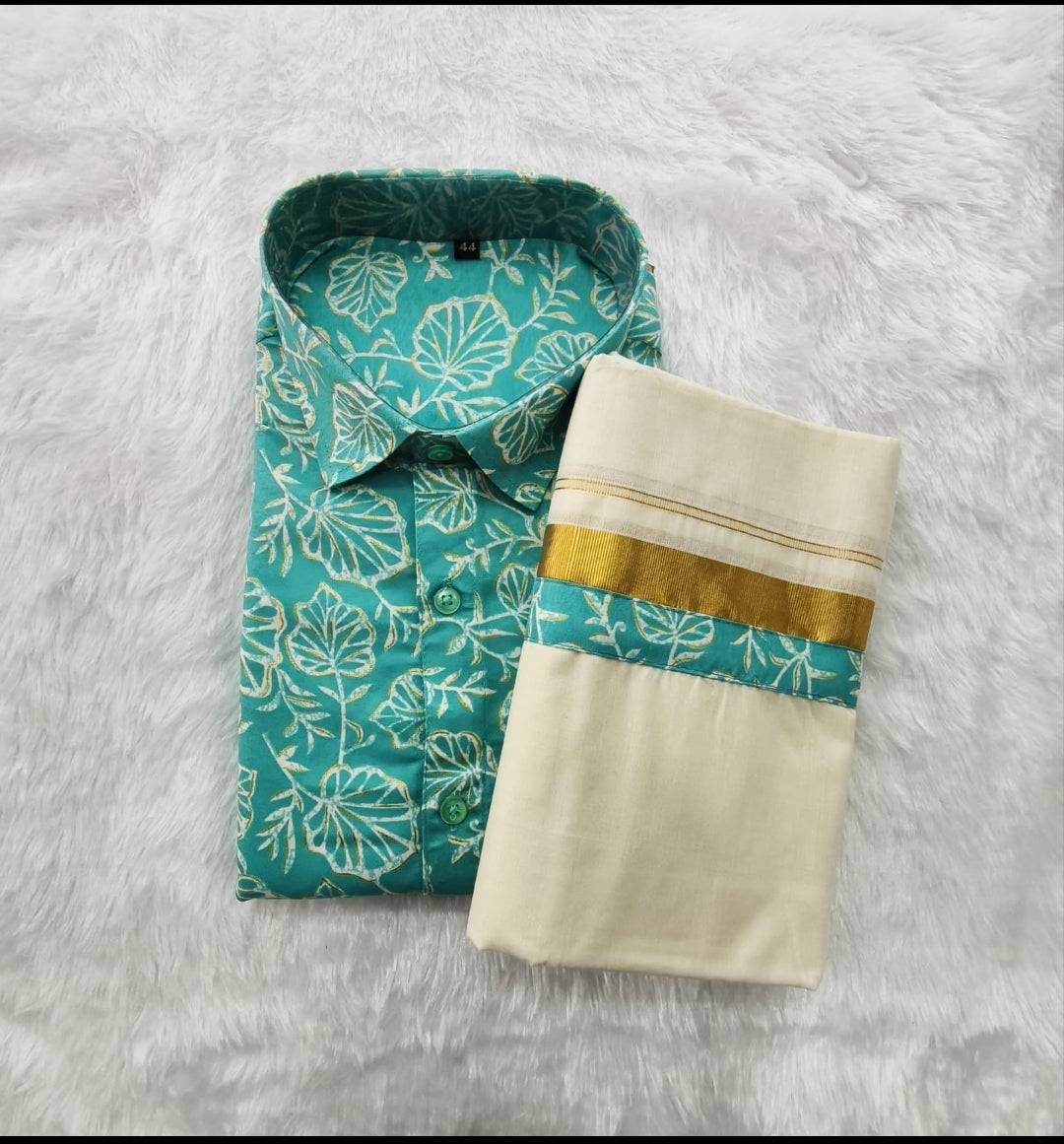 Premium Kerala Traditional Printed Shirt & Kasavu Mundu Combo